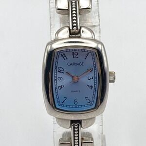Vintage Timex Carriage Women's Watch 19mm Silver Tone Blue Dial New Battery 8"
